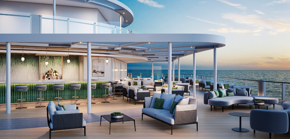 Modern outdoor lounge on a cruise ship with cozy sofas and a stylish bar. The scene overlooks a calm ocean during sunset, evoking relaxation.