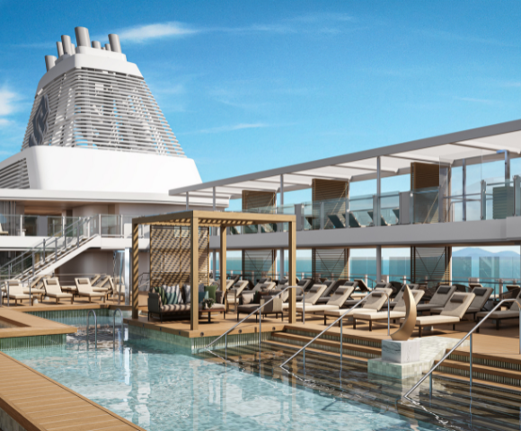 Luxurious cruise ship deck featuring a tranquil pool, surrounded by sun loungers and shaded cabanas, under a clear blue sky conveying relaxation and leisure.