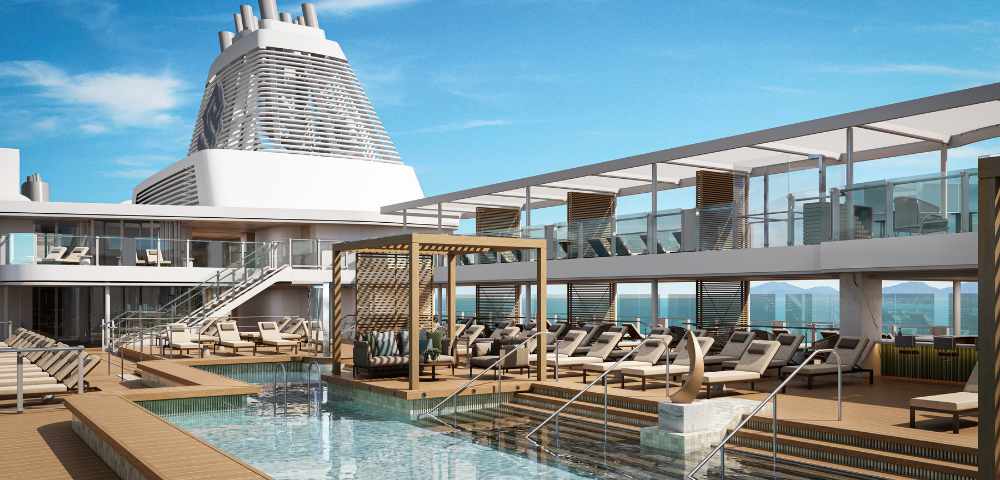 Luxurious cruise ship deck featuring a tranquil pool, surrounded by sun loungers and shaded cabanas, under a clear blue sky conveying relaxation and leisure.
