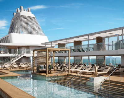 Luxurious cruise ship deck featuring a tranquil pool, surrounded by sun loungers and shaded cabanas, under a clear blue sky conveying relaxation and leisure.