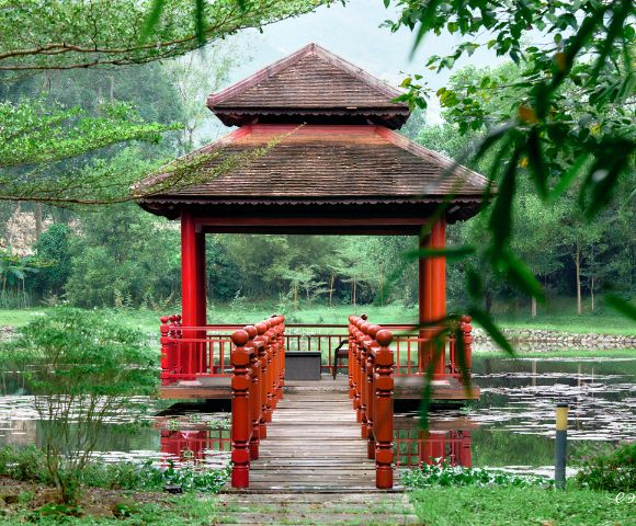 A serene red gazebo stands on a wooden walkway over a pond, surrounded by lush green trees. The scene conveys tranquility and natural beauty.