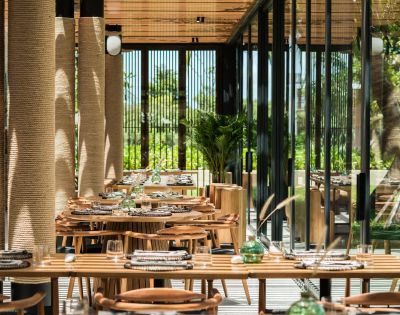 Bright, modern restaurant interior with wooden tables and chairs, large glass windows, lush green plants outside, creating a calm, inviting atmosphere.