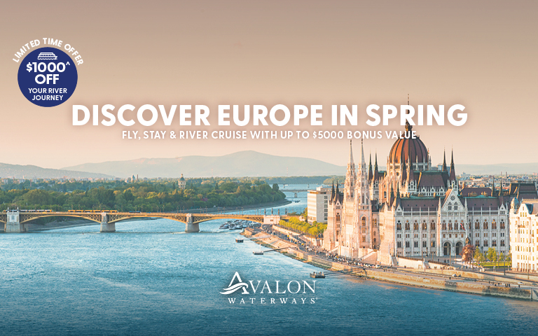 A scenic view of Budapest's skyline with the Danube River, promoting Avalon Waterways' spring European river cruise offer.
