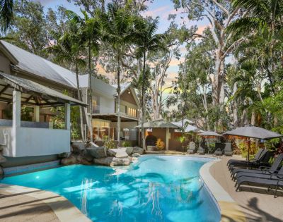 Idyllic tropical resort pool scene with clear blue water, surrounded by lush palm trees and lounge chairs. The sky has a warm, sunset glow.