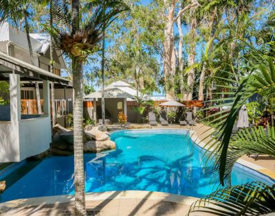 A tranquil outdoor pool surrounded by tall trees and lush plants, adjacent to a building with white verandas, under a clear blue sky. Relaxing and inviting.