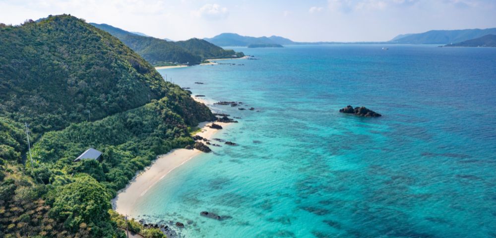 Aerial view of a serene coastline with lush green hills, a sandy beach, and turquoise ocean. The sky is clear and blue, evoking a sense of peace and tranquility.