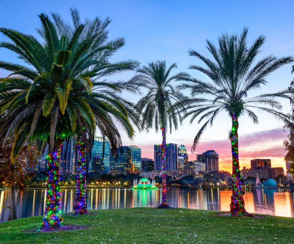 Twilight view of a cityscape with palm trees adorned in colorful lights by a lake. Reflections shimmer on the water, and the sky is a mix of oranges and purples.