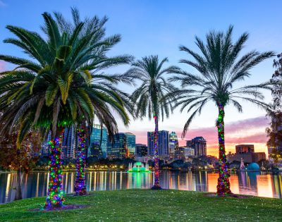 Twilight view of a cityscape with palm trees adorned in colorful lights by a lake. Reflections shimmer on the water, and the sky is a mix of oranges and purples.