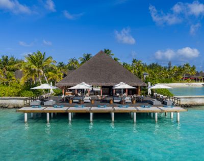 A tropical resort with thatched-roof building on stilts over turquoise water. Surrounding the building are palm trees and clear skies, evoking relaxation.