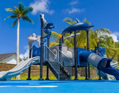 Children's playground with blue slides and climbing structures under a clear sky, surrounded by palm trees, conveying a fun and tropical vibe.