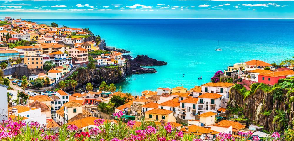Colorful coast with vibrant houses and red-tiled roofs overlooking a turquoise sea. Foreground features blooming pink flowers. Bright, scenic, and lively.
