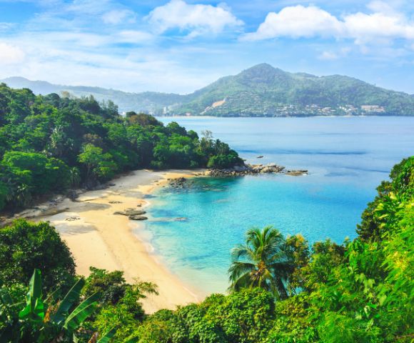 Lush green foliage frames a serene bay with turquoise water and a golden sandy beach. Distant mountains and a clear blue sky create a tranquil scene.