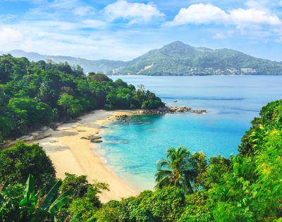Lush green foliage frames a serene bay with turquoise water and a golden sandy beach. Distant mountains and a clear blue sky create a tranquil scene.