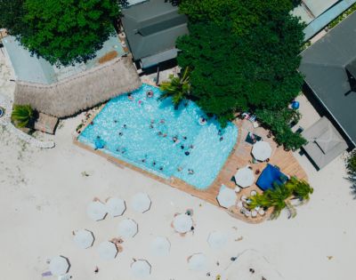 Aerial view of a beach resort with a pool. People swim and relax. Surrounding the pool are palm trees, sun umbrellas, and loungers on sandy ground.