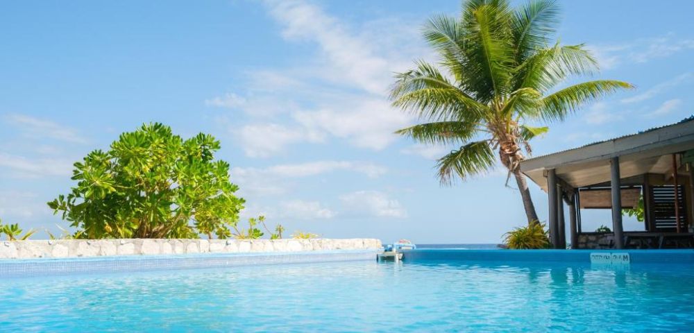 A tranquil infinity pool reflecting a blue sky with scattered clouds. A palm tree and lush greenery flank the pool near an open-air structure, evoking relaxation.