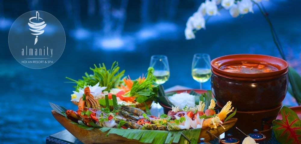 Luxurious seafood platter on a wooden table by a pool, with two wine glasses, vibrant floral decorations, and an elegant, tranquil ambiance.