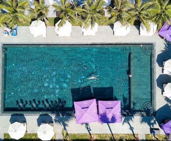 Aerial view of a serene swimming pool surrounded by palm trees and white umbrellas, with a person swimming. Purple canopies provide a vibrant contrast.
