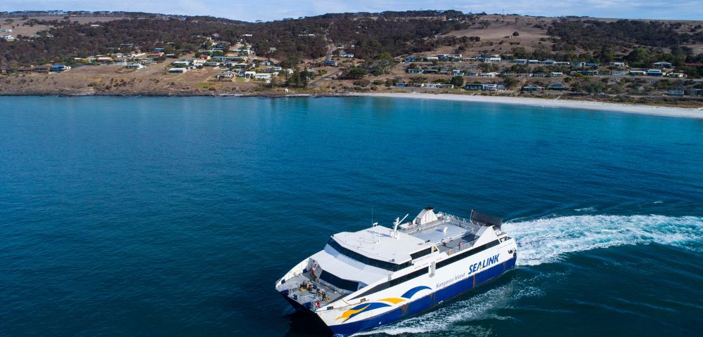 A white and blue ferry with 