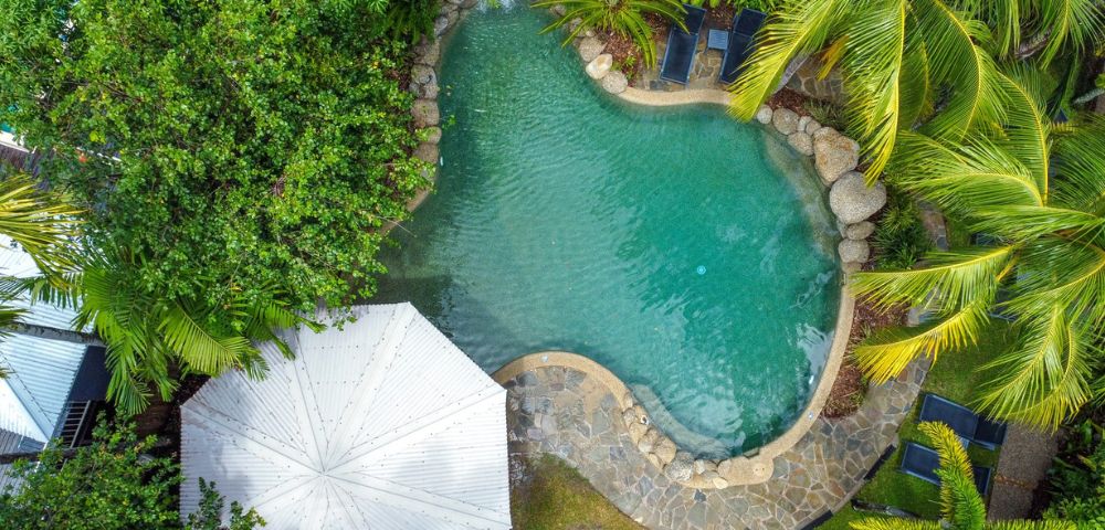 Aerial view of a tropical pool surrounded by lush greenery and palm trees, with a white umbrella and lounge chairs, conveying a serene, vacation vibe.