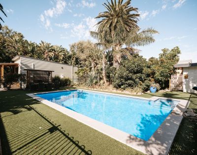 Sunlit backyard featuring a sparkling blue swimming pool surrounded by lush greenery and palm trees. A modern poolside deck with seating on the left adds a relaxing atmosphere.