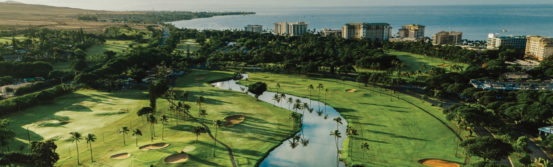 Aerial view of a lush golf course with palm trees, a winding waterway, and ocean in the background; vibrant green landscape under a bright sky.