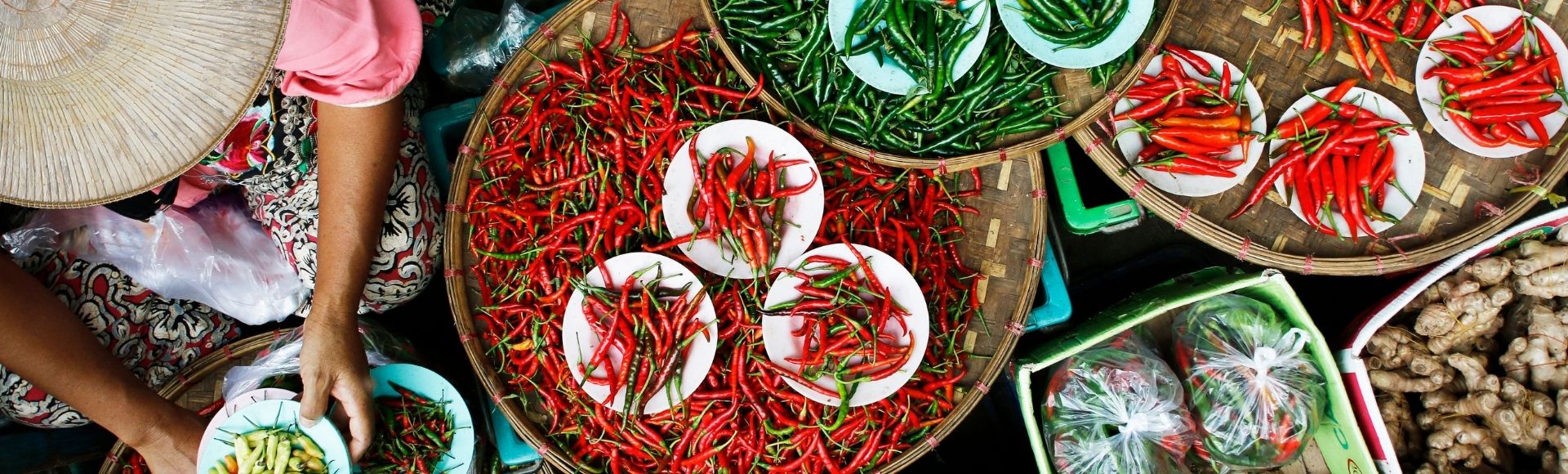 A woman in a hat holds a colorful bowl of fresh peppers, smiling as she showcases her vibrant harvest.