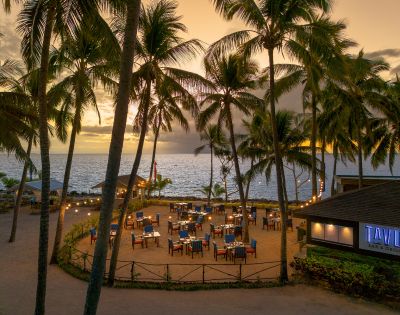 Outdoor beach restaurant at sunset, framed by tall palm trees. Tables are set with blue chairs, creating a tranquil and inviting seaside atmosphere.