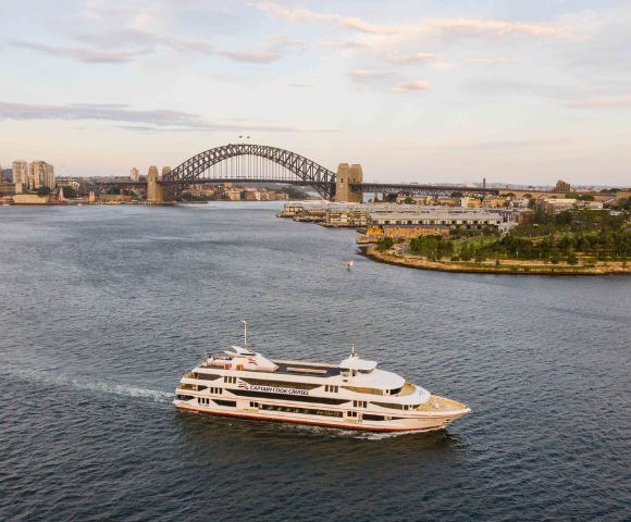 A white cruise ship sails through a wide harbor, passing lush green islands and skyscrapers. In the background, a large steel arch bridge spans two shores.