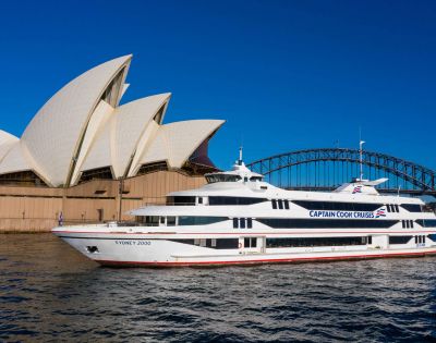 A white cruise ship labeled 