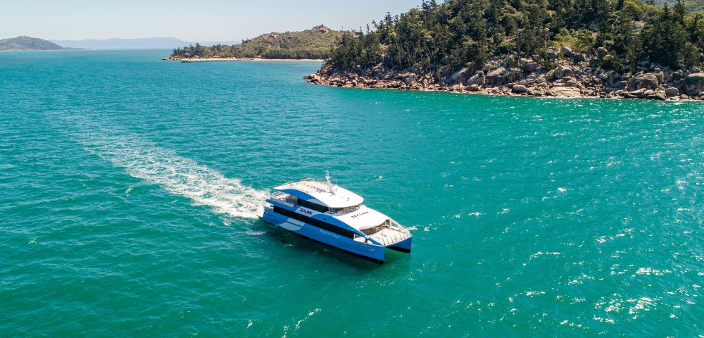 A sleek white and blue yacht glides on clear turquoise waters near a lush, tree-covered island under a bright blue sky, evoking a sense of tranquil adventure.