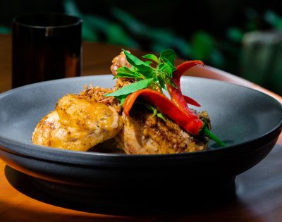 Grilled chicken garnished with red chili and fresh herbs on a dark plate. Sunlight enhances the dish's texture, creating a warm, appetizing atmosphere.