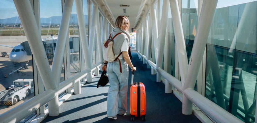 A woman walks along an airport jet bridge with a bright orange suitcase, smiling back. She wears casual clothing, conveying a mood of excitement.