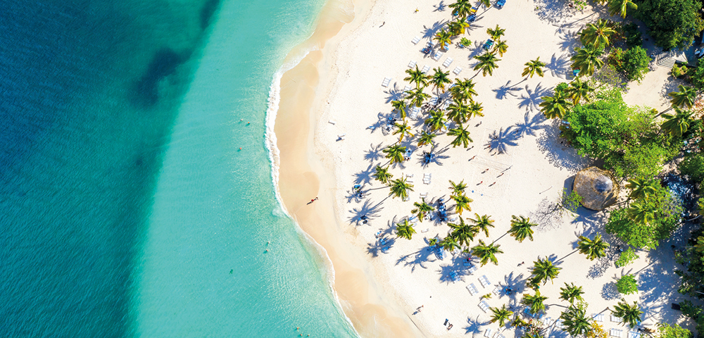 Aerial view of a tropical beach with turquoise water, white sand, and scattered palm trees casting long shadows. Relaxing and serene atmosphere.