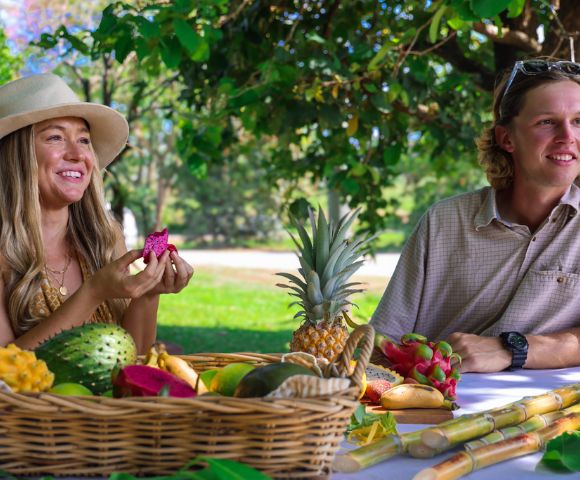 A smiling woman and man enjoy a picnic under a tree with a basket of tropical fruits including pineapple and dragon fruit, conveying a happy, relaxed mood.