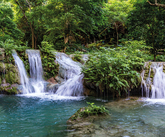 A serene waterfall cascades into turquoise pools surrounded by lush greenery. Sunlight filters through trees, creating a tranquil and refreshing atmosphere.