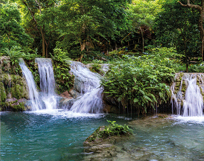 A serene waterfall cascades into turquoise pools surrounded by lush greenery. Sunlight filters through trees, creating a tranquil and refreshing atmosphere.