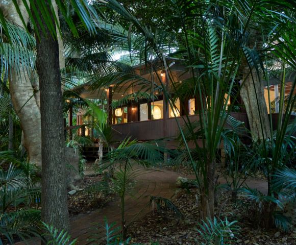 A modern house with glowing windows is nestled among dense tropical foliage, creating a serene and mysterious jungle ambiance at dusk.