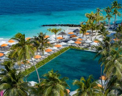 Tropical beach scene with turquoise ocean, lined with orange and white umbrellas, bordered by palm trees and a rectangular pool, conveying relaxation.