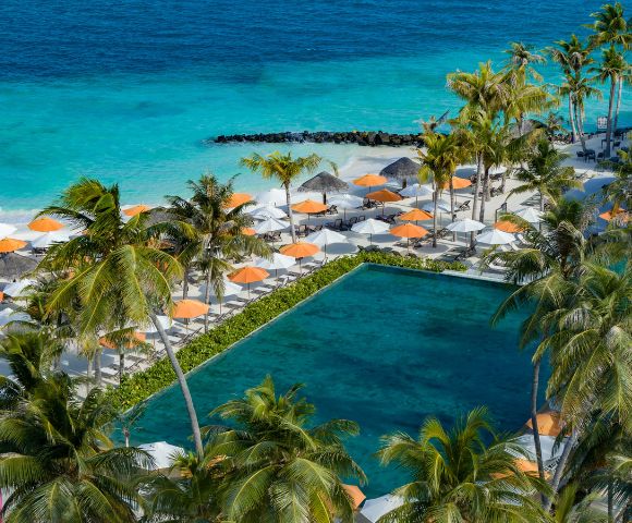 Tropical beach scene with turquoise ocean, lined with orange and white umbrellas, bordered by palm trees and a rectangular pool, conveying relaxation.
