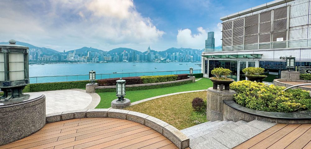 Rooftop terrace overlooking a calm harbor, with distant city skyline. Wooden decking and manicured greenery create a serene, inviting atmosphere.