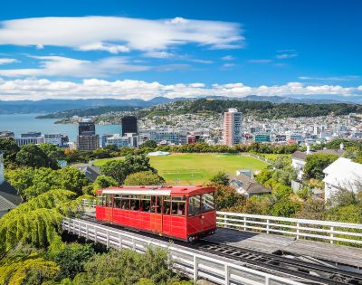 A red cable car ascends a track with a cityscape and harbor in the background. Lush greenery and clear blue skies create a vibrant, lively atmosphere.