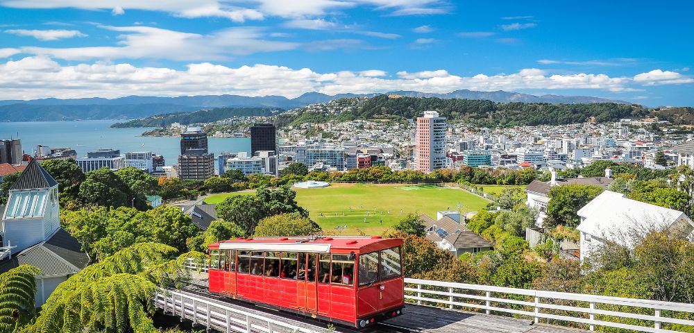A red cable car ascends a track with a cityscape and harbor in the background. Lush greenery and clear blue skies create a vibrant, lively atmosphere.