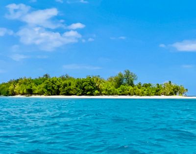A small lush island with dense green trees is surrounded by bright turquoise ocean water under a vibrant blue sky with scattered clouds.
