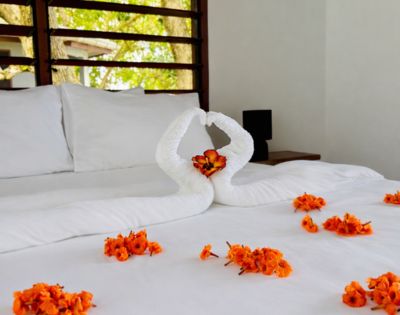 White towels folded into swans with a heart shape on a bed, surrounded by scattered orange flowers. A window shows greenery outside, creating a romantic and serene atmosphere.