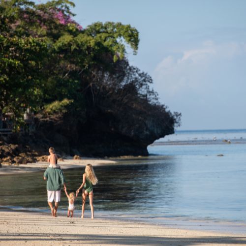 Family walking along the sandy beach with green trees in the background