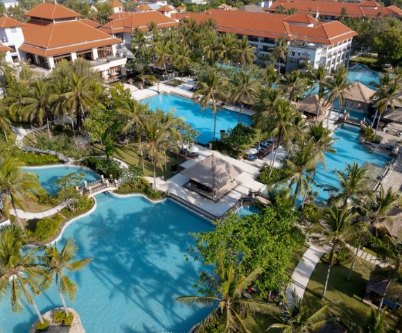 Aerial view of a tropical resort featuring turquoise pools winding through lush green palm trees, with red-roofed buildings in the background, exuding relaxation.