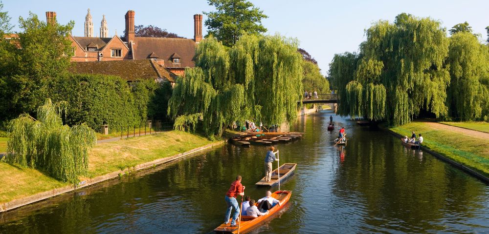 People are punting on a calm river lined with lush willow trees. A historic brick building is in the background under a clear blue sky. Peaceful atmosphere.