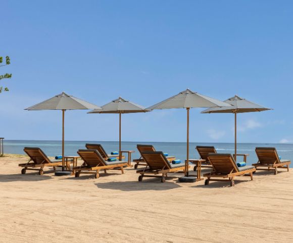 Six wooden loungers with blue cushions are arranged under gray umbrellas on a sandy beach, facing a calm ocean under a clear blue sky.