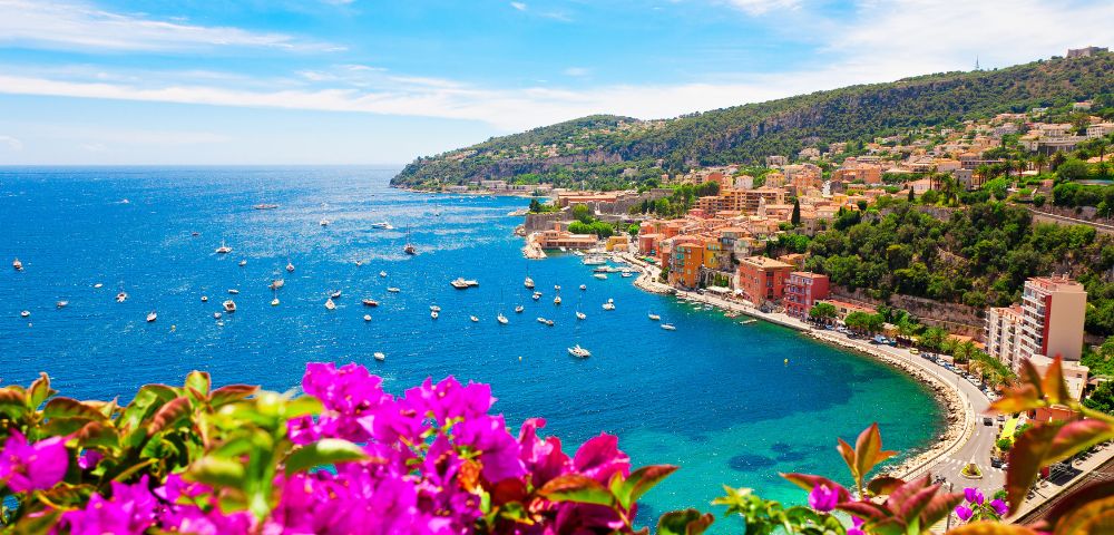 A vibrant coastal scene with bright magenta flowers in the foreground, overlooking a curving bay dotted with boats and surrounded by lush hills and colorful buildings.