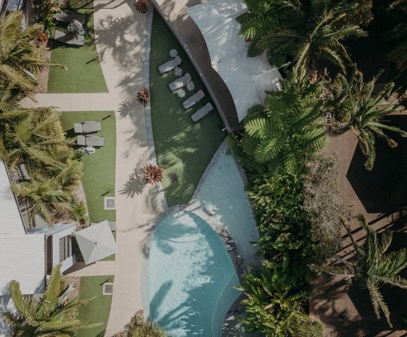 Aerial view of a serene outdoor pool area with curved edges, surrounded by lush green palm trees. Lounge chairs and sunshades add a relaxing vibe.